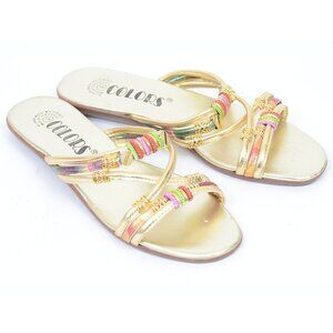 Colors Women's 9 Gold Rainbow Accents Strappy Slip On Flat Wedge Sandals Summer